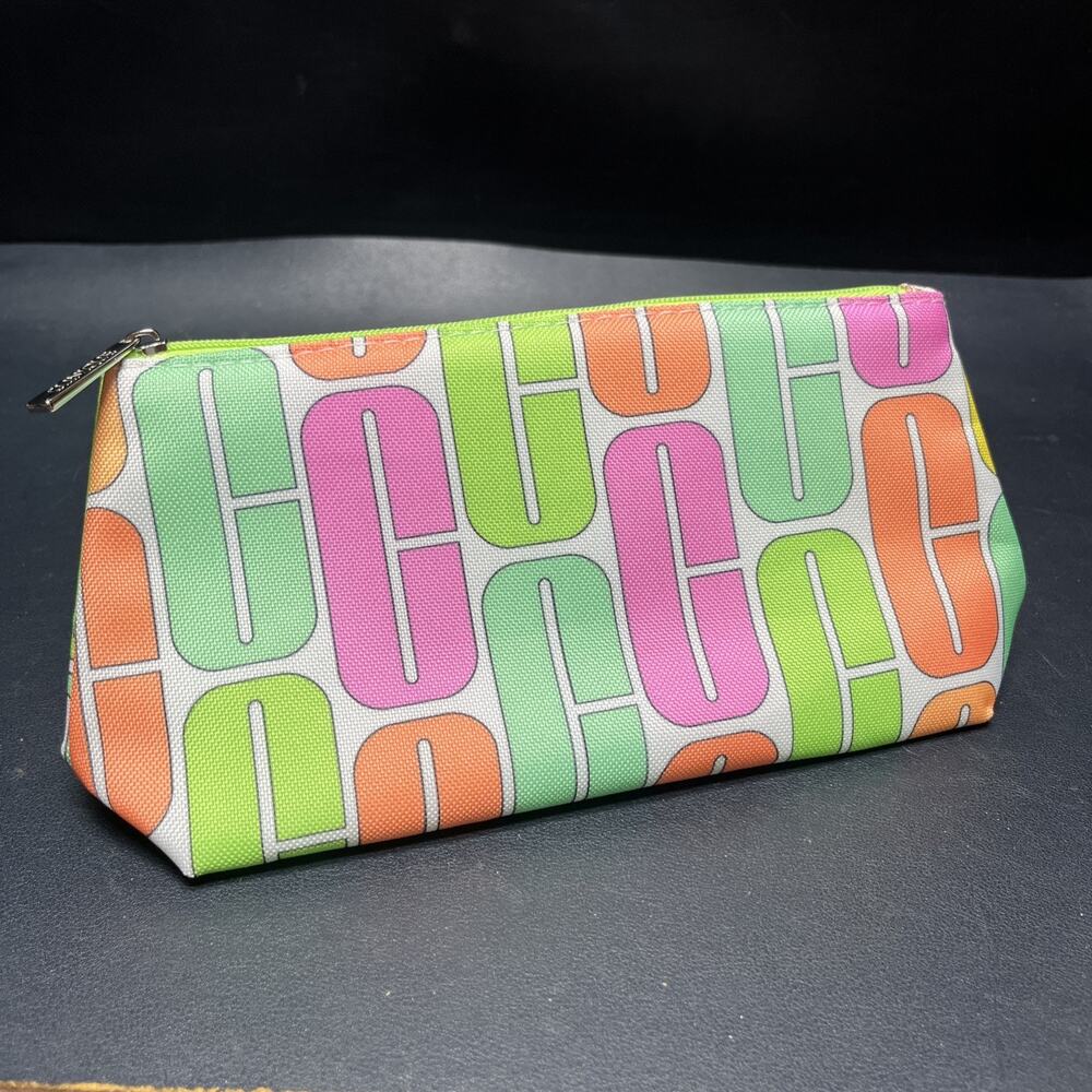 Clinique 9” Makeup Bag Cosmetic Pouch Multi Color “C”, Neon Green Lining, EUC.